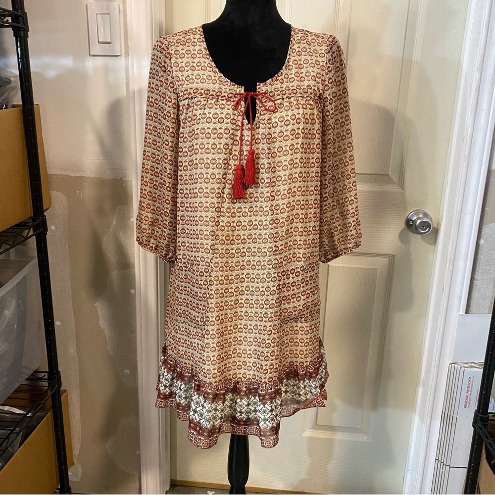 AUW Dress Woman’s Large Boho bohemian Festival A line Ruffled hem long sleeve
